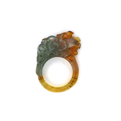 Handcrafted Tri-Color Serpentine Ring featuring blue-green, yellow, and white hues with delicate floral and leaf carvings