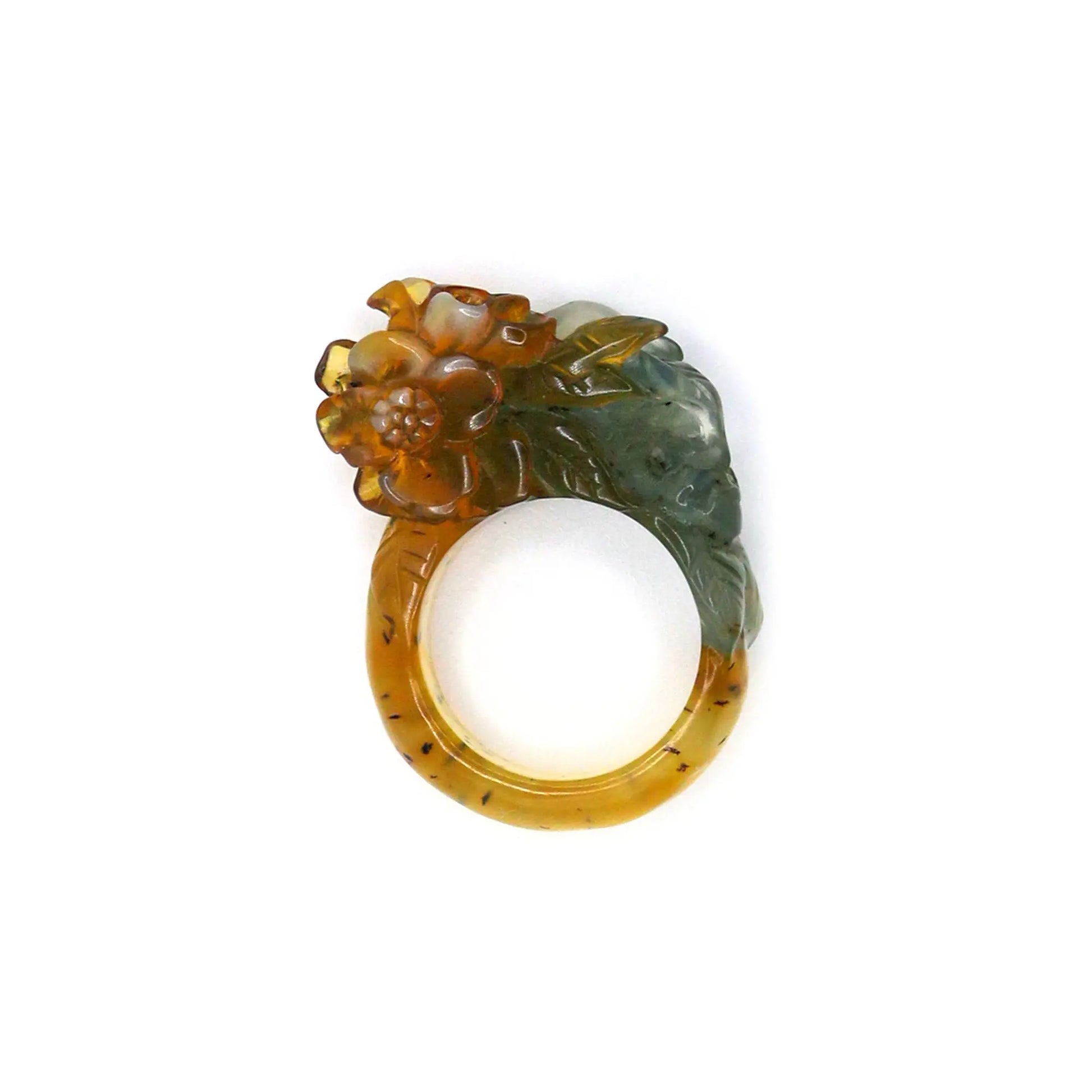 Handcrafted Tri-Color Serpentine Ring featuring blue-green, yellow, and white hues with delicate floral and leaf carvings