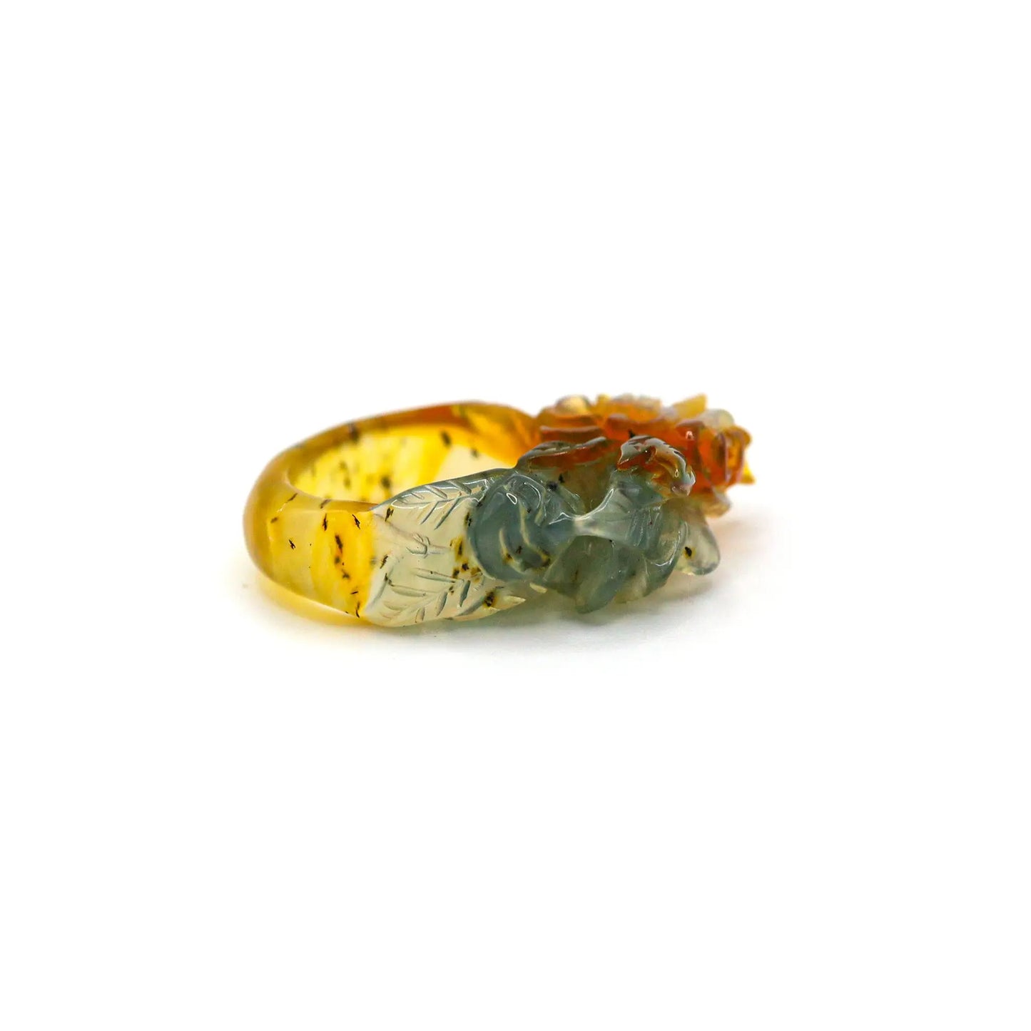 Handcrafted Tri-Color Serpentine Ring featuring blue-green, yellow, and white hues with delicate floral and leaf carvings