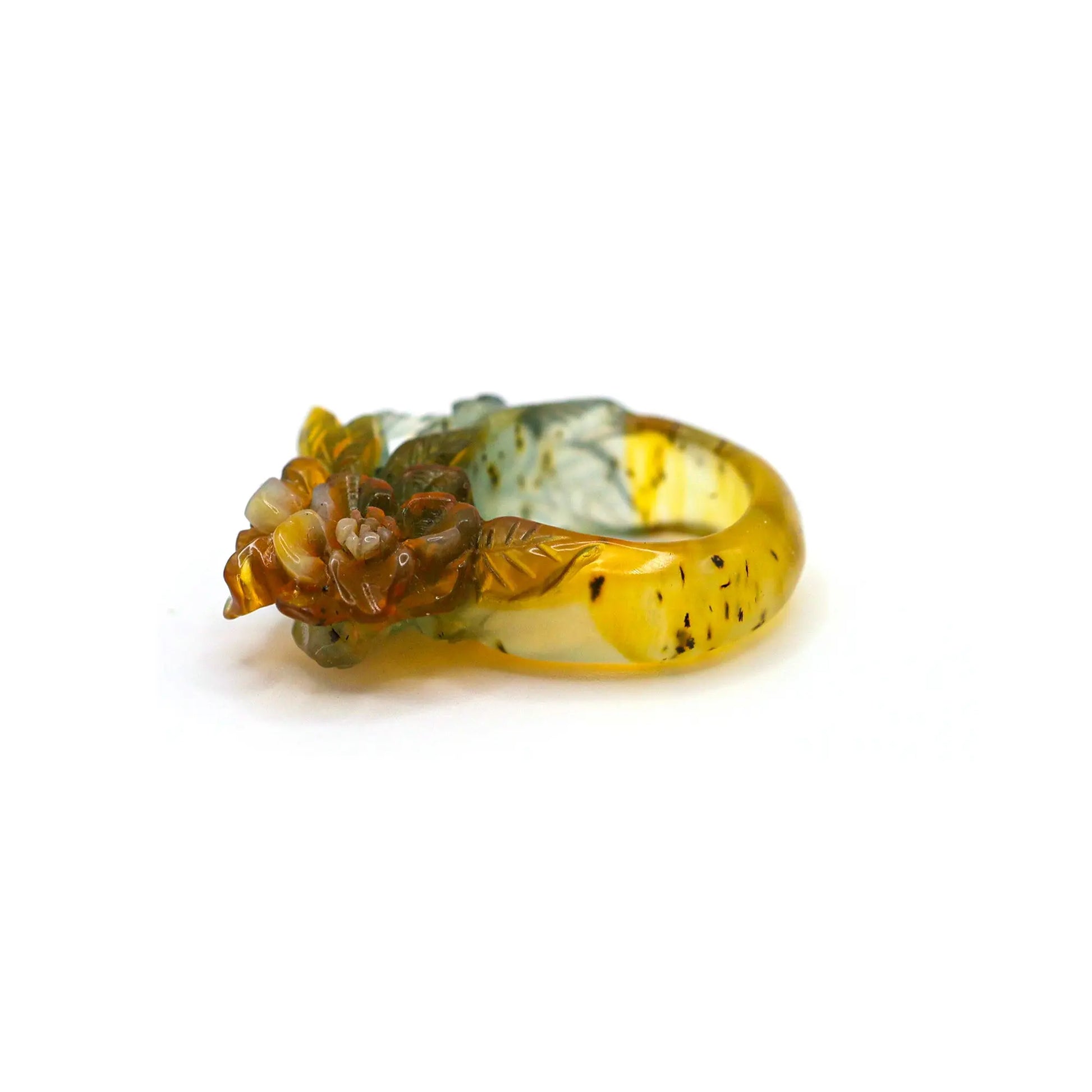 Handcrafted Tri-Color Serpentine Ring featuring blue-green, yellow, and white hues with delicate floral and leaf carvings