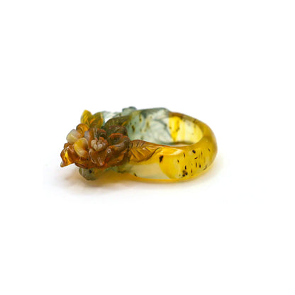 Handcrafted Tri-Color Serpentine Ring featuring blue-green, yellow, and white hues with delicate floral and leaf carvings