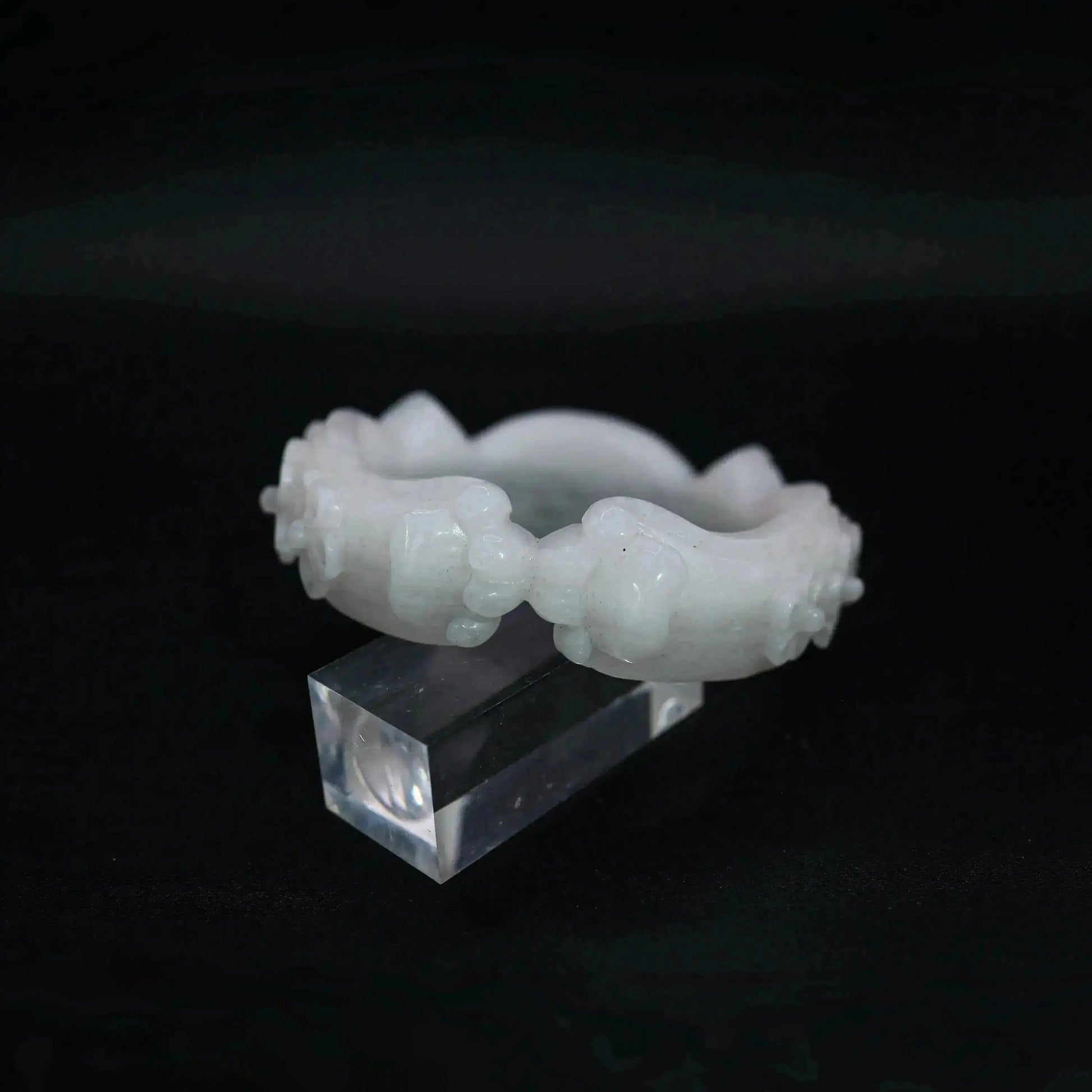 Mongolian white jade bracelet featuring sculpted cat ears, paw prints, and delicate floral accents in a soft matte finish – Miruzi