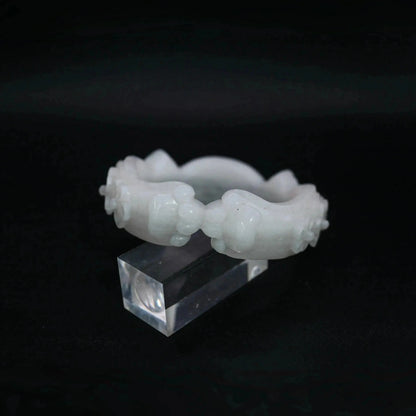 Mongolian white jade bracelet featuring sculpted cat ears, paw prints, and delicate floral accents in a soft matte finish – Miruzi