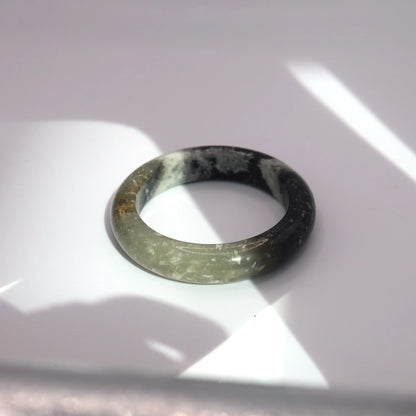 Ink Jade Stone Bangle – Snow Cotton Pattern in Black, White & Ice-Translucent Mongolian Jade Miruzi