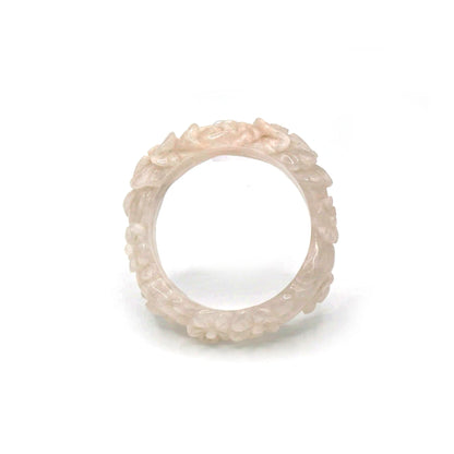 Light Pink Jade Bangle – Carved Peony and Plum Blossom in Translucent Mongolian Stone Miruzi