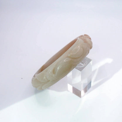 Real Jade Stone Bracelet – Carved Peony and Nine-Tailed Fox in Mongolian Jade Miruzi