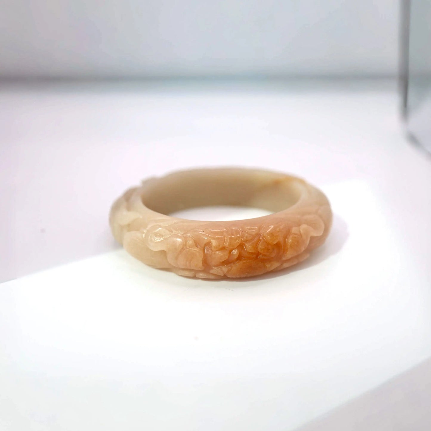 Real jade stone bracelet with nine-tailed fox and peony carving in coral and beige tones
