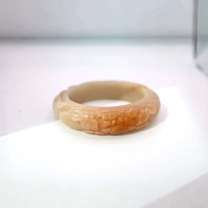 Real jade stone bracelet with nine-tailed fox and peony carving in coral and beige tones