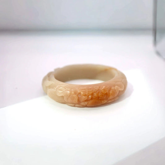 Real jade stone bracelet with nine-tailed fox and peony carving in coral and beige tones