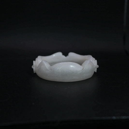 Cat Ear Bracelet – Hand-Carved White Jade Bangle with Floral & Paw Motif Miruzi