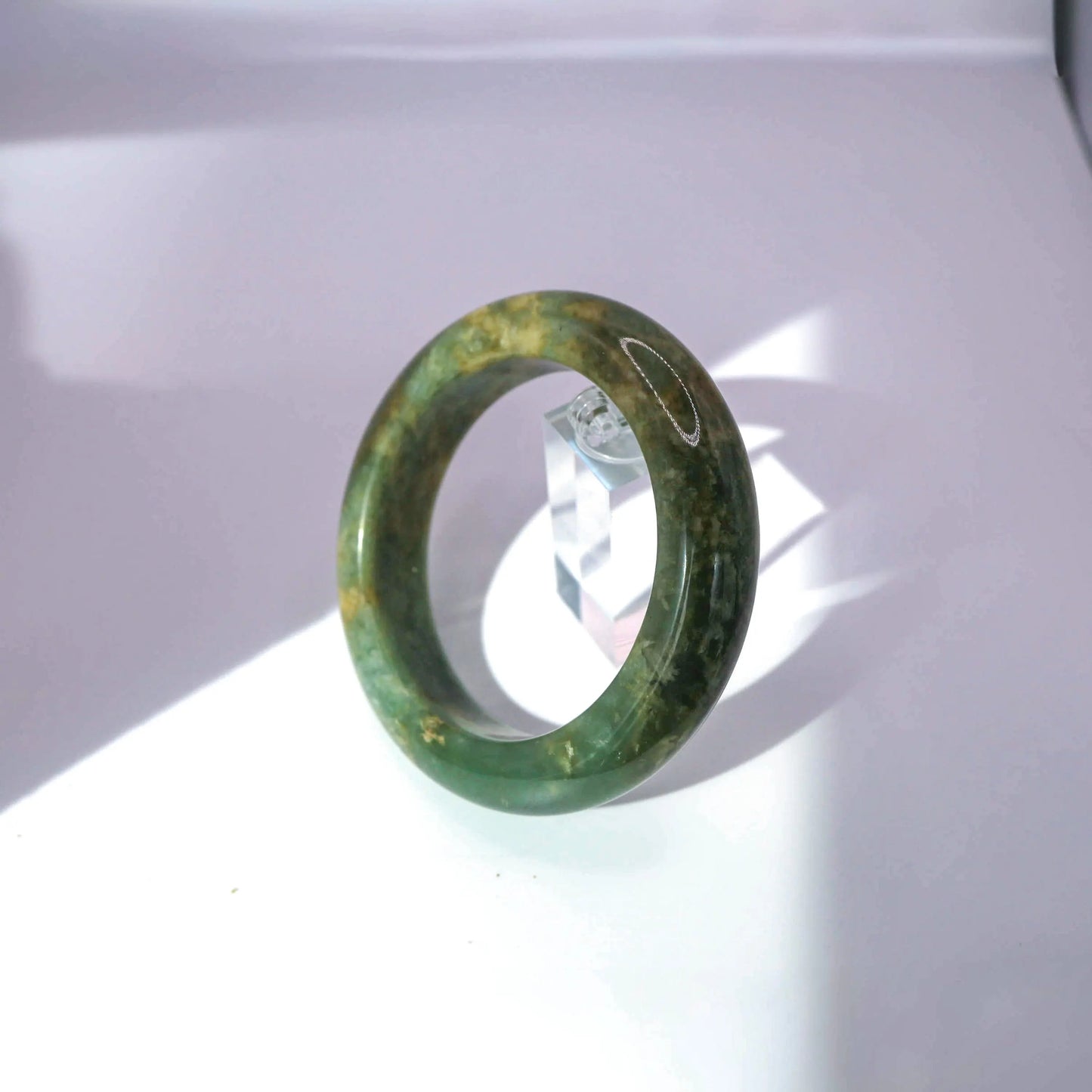 Yellow Green Jade Bangle – Natural-Patterned Full Round Bracelet in Mongolian Stone Miruzi