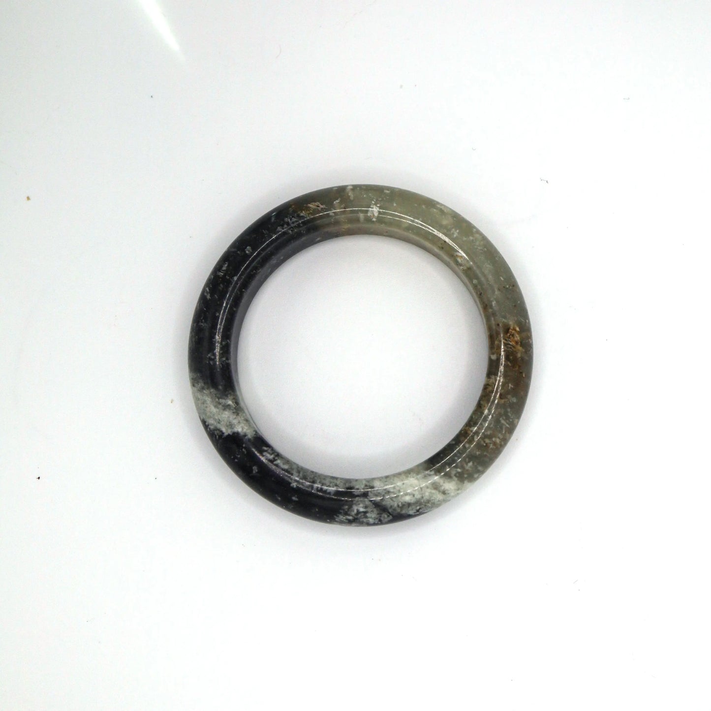 Ink Jade Stone Bangle – Snow Cotton Pattern in Black, White & Ice-Translucent Mongolian Jade Miruzi
