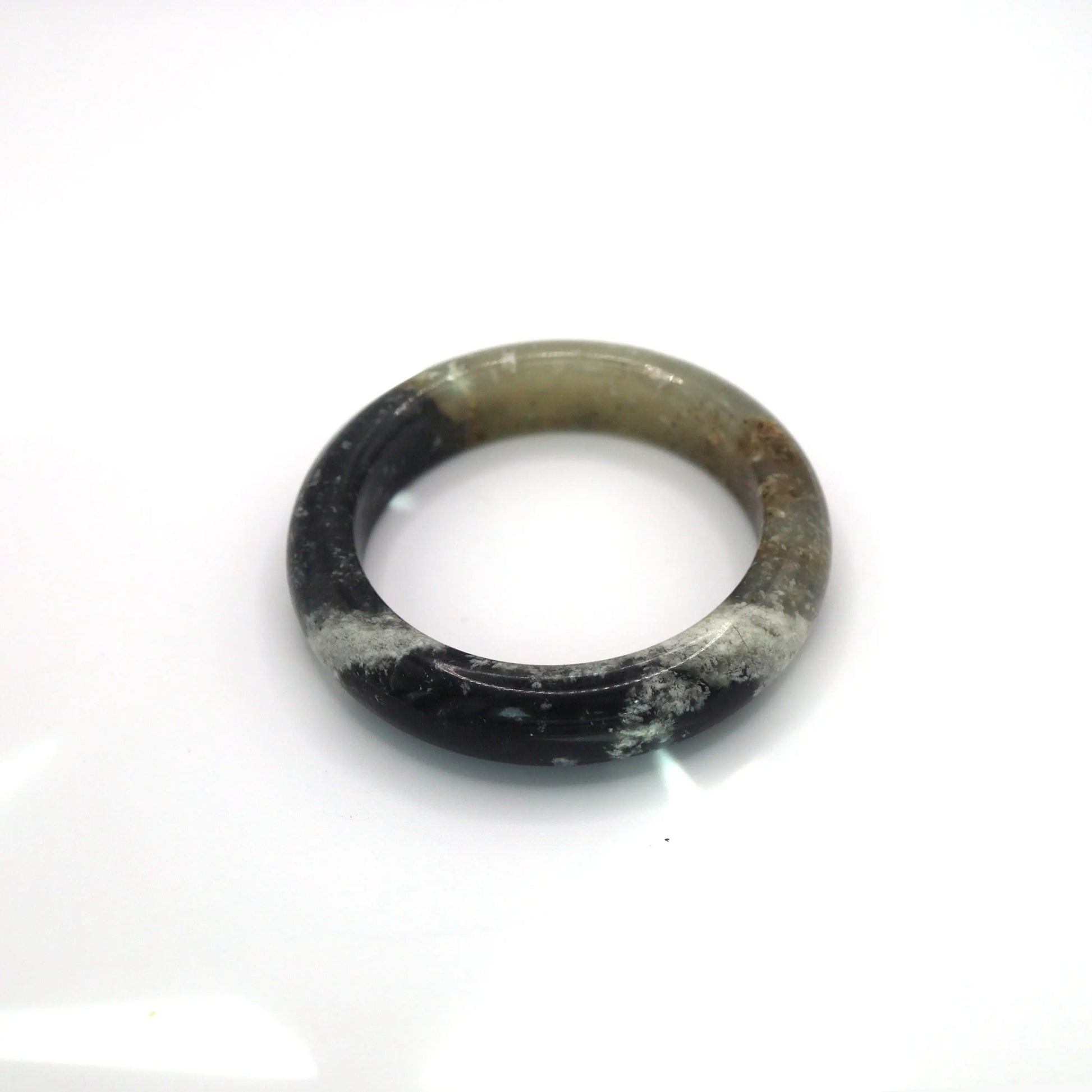 Ink Jade Stone Bangle – Snow Cotton Pattern in Black, White & Ice-Translucent Mongolian Jade Miruzi
