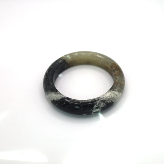 Ink Jade Stone Bangle – Snow Cotton Pattern in Black, White & Ice-Translucent Mongolian Jade Miruzi