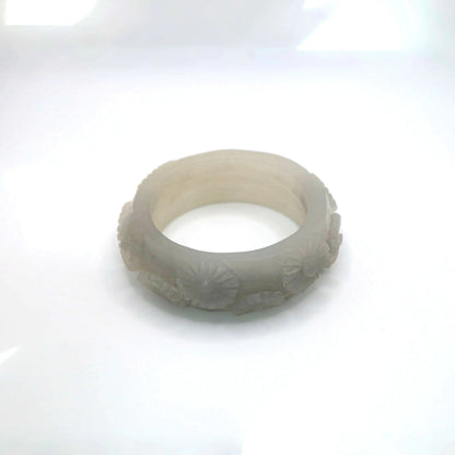 Daisy Bracelet – Carved Mongolian Jade Bangle in Smoky White and Charcoal Tones Miruzi