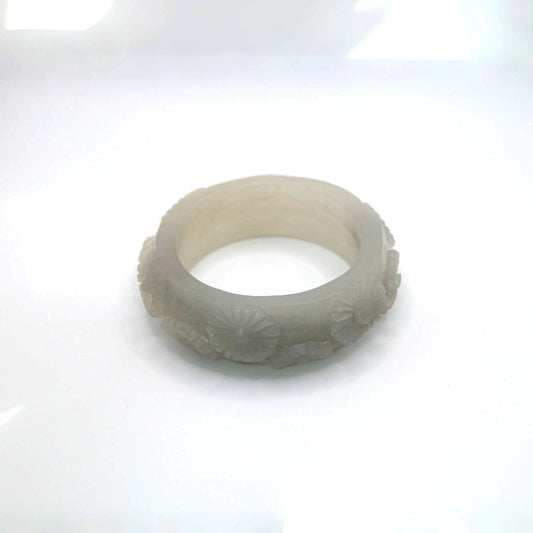 Daisy Bracelet – Carved Mongolian Jade Bangle in Smoky White and Charcoal Tones Miruzi