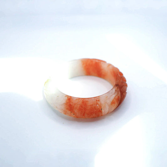 Orange Jade Bangle – Carved Lotus and Goldfish in Mongolian Stone Miruzi