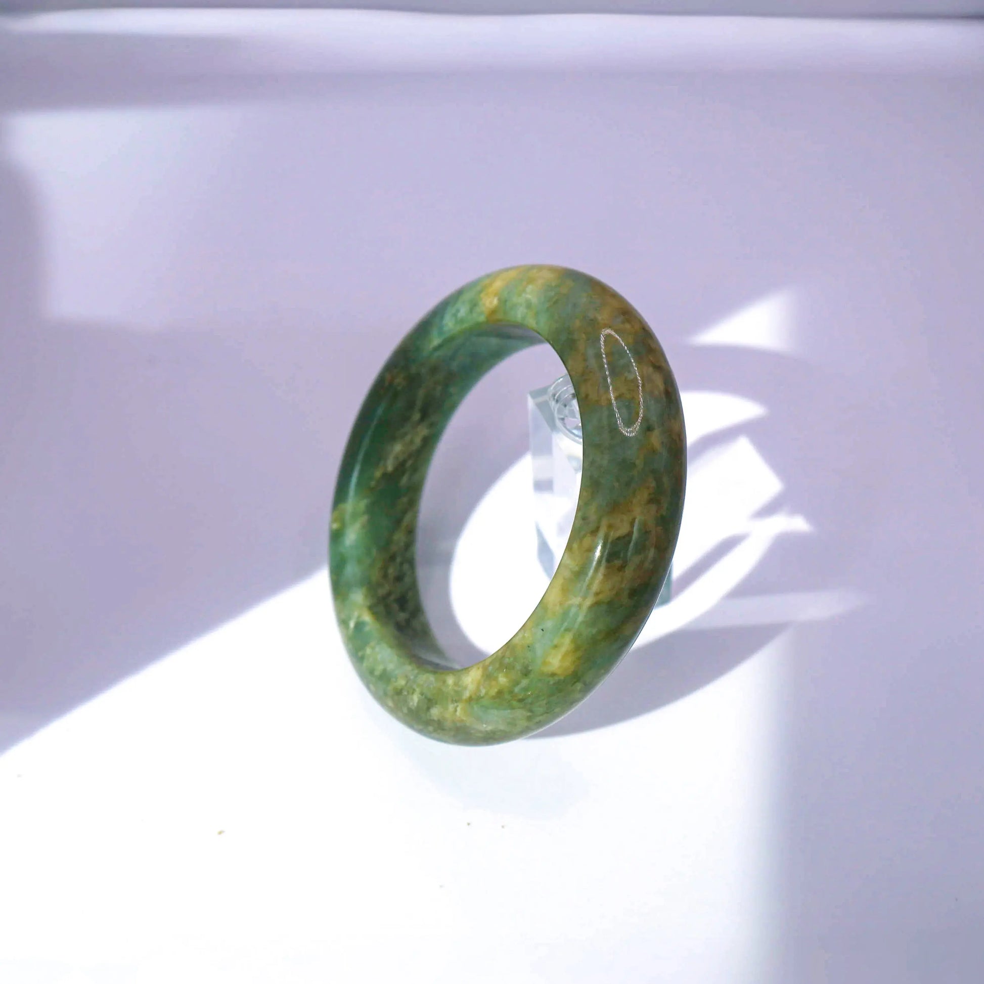 Yellow Green Jade Bangle – Natural-Patterned Full Round Bracelet in Mongolian Stone Miruzi