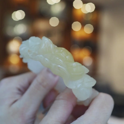 Yellow Jade Bangle – Carved Peony and Plum Blossom in Mongolian Stone
