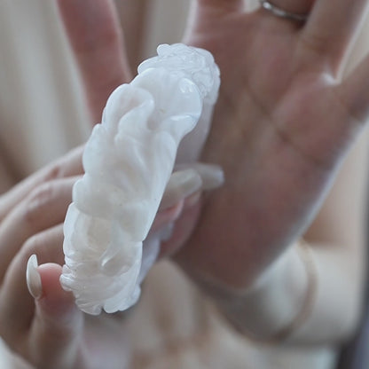 Light Pink Jade Bangle – Carved Peony and Plum Blossom in Translucent Mongolian Stone