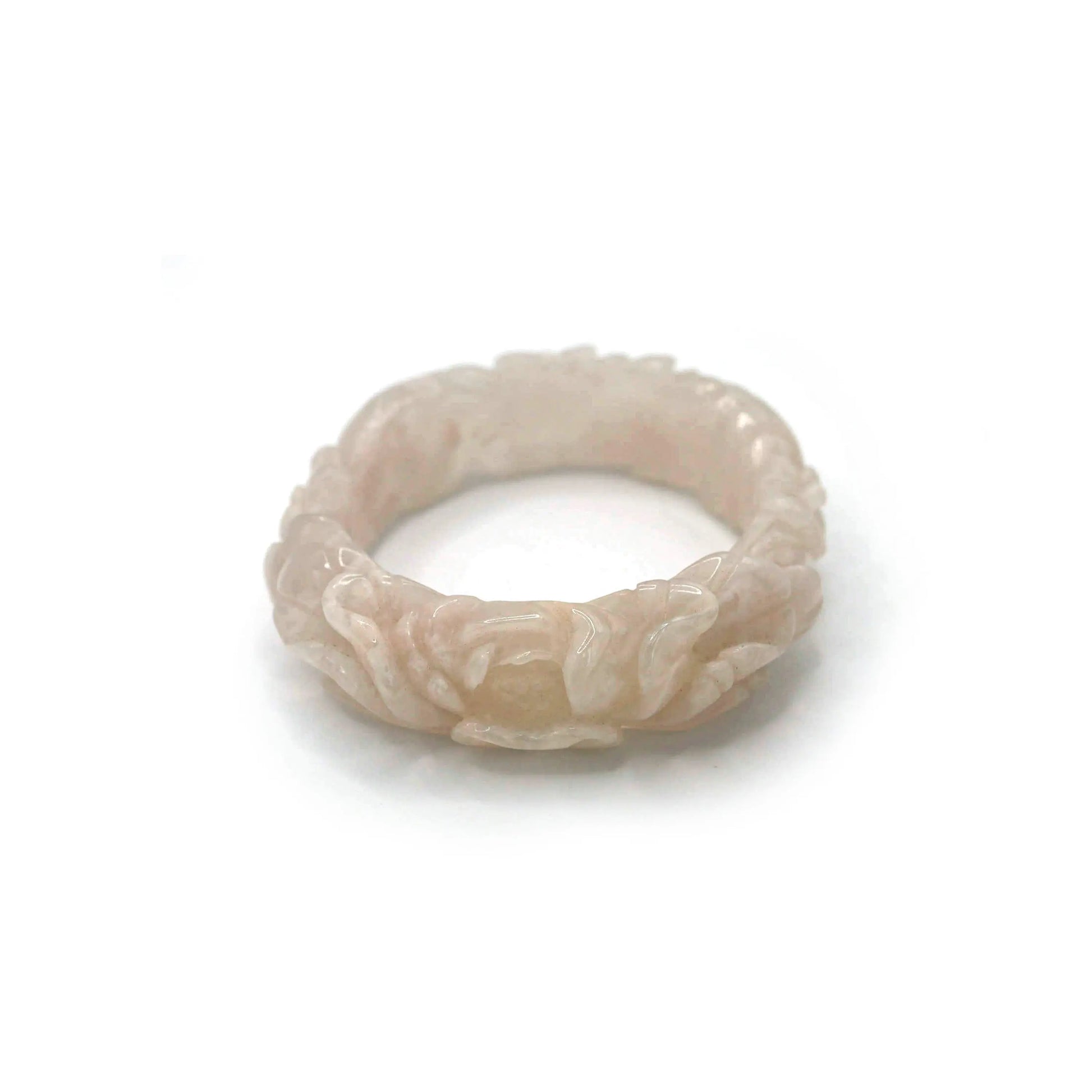 Hand-carved light pink jade bangle with peony and plum blossom floral carving for extra small wrists